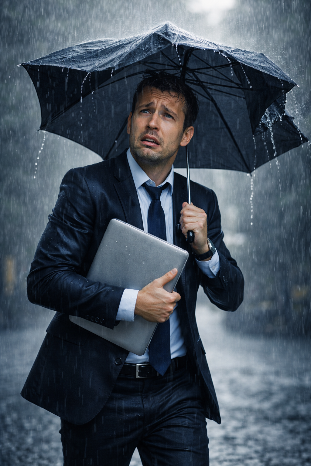 IT-Admin im Regen mit Laptop